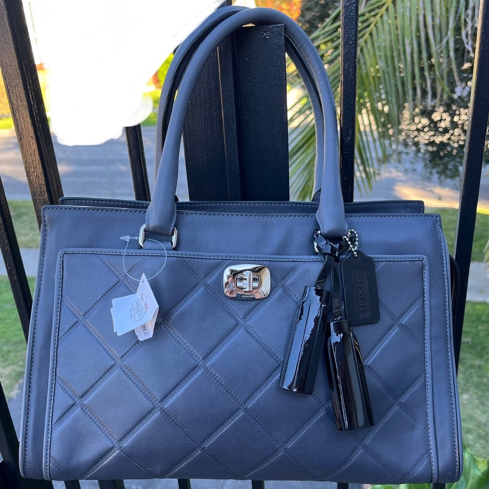 Rare! NWT Coach dark gray quilt-front leather satchel tote black patent accents